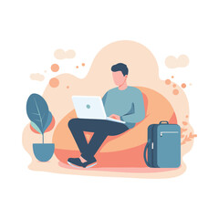 A young man sitting on a bean bag with a laptop. Flat vector illustration. Work from home. Remote
