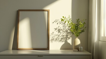 Peaceful morning with empty frame and plant shadow