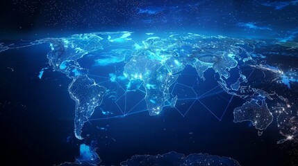  Discover the enchanting blue world map illuminated by the glowing global network: perfect for presentations, websites, and educational materials
