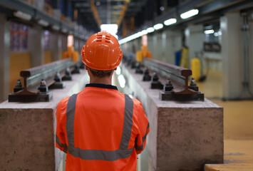 Back view of Rail engineer with oranage safety vest and hard hat standing front of the rail