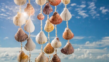 seashells mobile hanging for curtain against blue sky background - obrazy, fototapety, plakaty