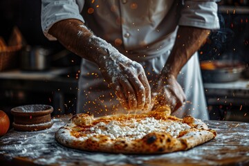 A man cooks pizza that he makes himself. Generative Ai.