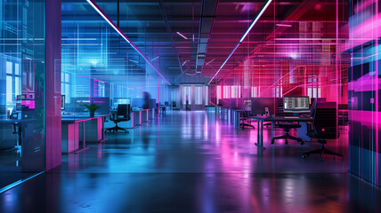 A futuristic open space office interior, where neon cyberpunk influences meet corporate technology. - obrazy, fototapety, plakaty