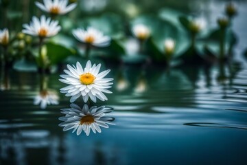 a pristine white flower floats effortlessly upon the still waters of a serene pond