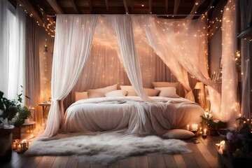 A dreamy bedroom with a canopy bed draped in sheer curtains, soft pastel colors, and twinkling fairy lights. The atmosphere exudes romance and serenity - obrazy, fototapety, plakaty
