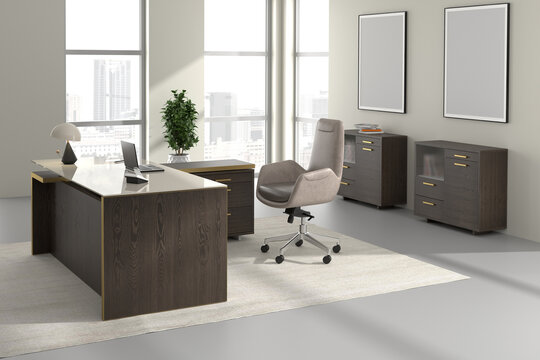 3D render interior design Office Room . Office desks with office chairs. Concept of working place. 3d rendering