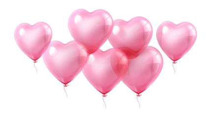 Pink heart-shaped balloons elegantly floating, isolated on a transparent background, each balloon reflecting light with a soft glow