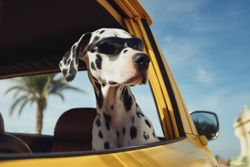 Dalmatian with glasses rides in a yellow car
