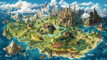 Discover the enchantment: stunning fantasy map with captivating background - beautifully crafted illustration picture - obrazy, fototapety, plakaty