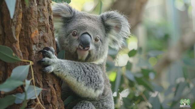 Koala in the jungle, zoo, perched on a eucalyptus tree. Generative Ai.