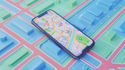 Isometric giant mobile phone displaying urban navigation map: abstract city streets with...