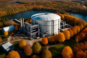 An aerial view of an oil storage facility surrounded by autumn foliage, blending the natural beauty...