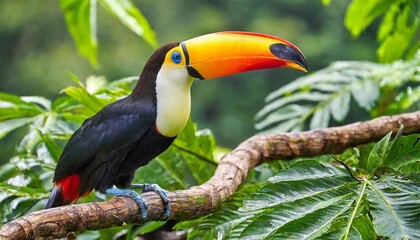 beautiful colorful toucan bird on a branch in a rainforest