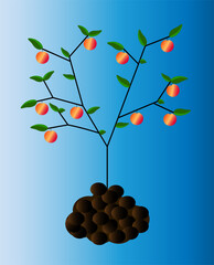 Apple tree with leaves and apples on a hill. A branching tree with green leaves and apples. The tree is growing on a hill. Vector illustration EPS10.