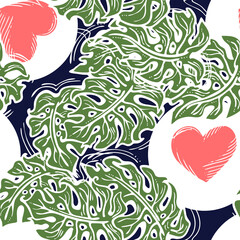 Monstera leaves decorative seamless pattern for textile design, fabric print, digital or wrapping paper, wallpaper, background and backdrop, decoration. Tropical summer holiday theme.