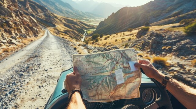 Adventurous solo traveler with map driving classic car along serpentine mountain road on sunny summer day - outdoor exploration concept