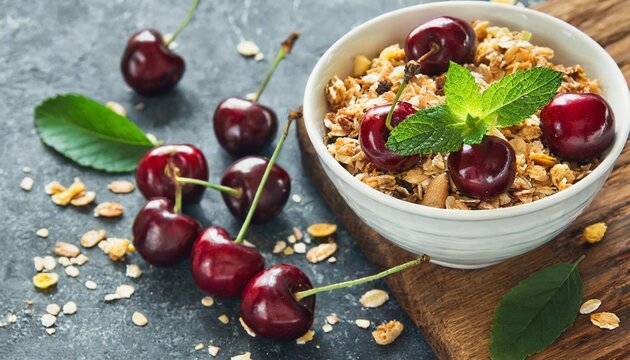 healthy breakfast granola cup and cherries