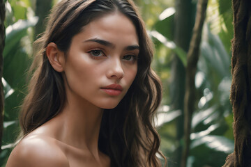 Fototapeta premium forest girl with slightly dreadlocked hair and a naturally beautiful face 