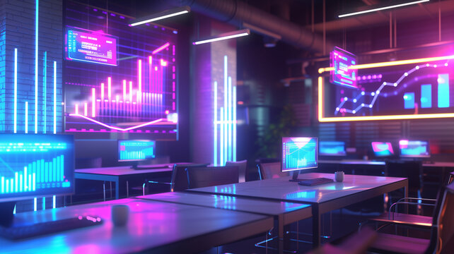 A futuristic open space office interior, where neon cyberpunk influences meet corporate technology.