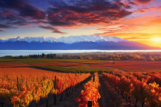 Vineyard near Mendoza, beautiful landscape in autumn sunset
