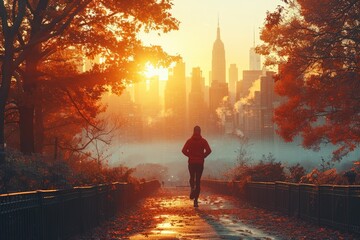 Sunrise Jogging Urban Lifestyle, Sunrise Stride: Early Morning Jogger Crossing City Bridge, Illuminated by the Rising Sun, Embodying a Sense of Freedom and Determination in the Journey to a Healthy Li - obrazy, fototapety, plakaty
