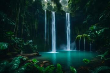 Obraz premium In the heart of a dense jungle, a powerful waterfall crashes down into a crystal clear pool below