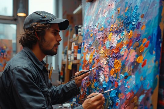 Colorful Studio Moments: Artist in Bright Workspace, Painting with a Vibrant Palette, Side View of Canvas Filled with Color, Embodying Inspiration and Creativity