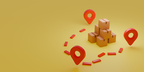 Delivery service concept. Box for delivery of around the world on yellow background- 3d render.