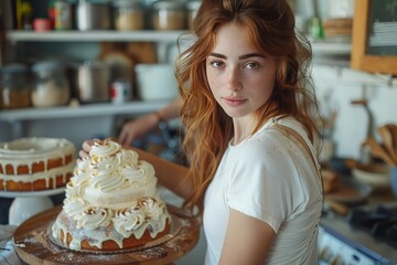 Homemade Delight: Lifestyle Photography Showcasing a Home Baker's Creative Process, Decorating Cakes in a Kitchen with Abundant Natural Light, Radiating Detailed and Joyful Culinary Mood