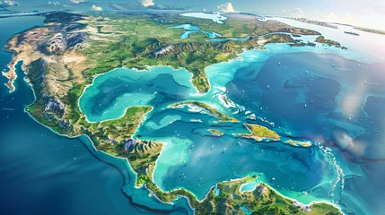 Fotobehang  Explore the detailed physical map of central america and the caribbean   3d illustration of earth's landforms  © Ashi