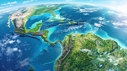 Fototapeta na wymiar Explore the detailed physical map of central america and the caribbean | 3d illustration of earth's landforms 
