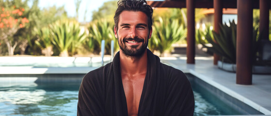 A happy man in a bathrobe and hat by the pool, sporting a beard and a smile. - obrazy, fototapety, plakaty