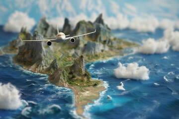 Concept voyages et vacances. Diorama d'îles au milieu du pacifique avec un avion miniature qui décolle. Agences de voyage, réservation vacances