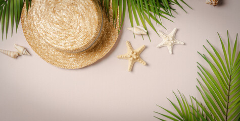 High angle view of summer, vacations, beach accessories on beige background with copy space, top view