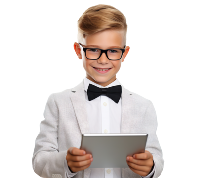Smiling smart young boy holding a tablet, cut out