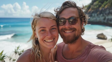 Obraz premium Smiling romantic couple looking camera. Happy Attractive friends walk beach. Beautiful Lovely pair honeymoon. Cute Hikers enjoy fun trip at summer coast. Two tourists date. Active tourism concept.