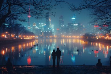 Fototapeta premium City Riverside Night View, City Lights Tranquility: Night Scene Photography of Riverside Promenade, Couples and Families Cherishing Serene Moments of Urban Leisure