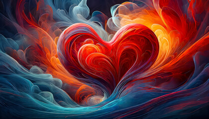 Peinture d'un coeur de forme nébuleuse colorée rouge, Saint Valentin, mariage, sentiment d'amour et de romantisme	 - obrazy, fototapety, plakaty