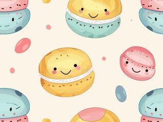 A delightful pattern of animated, colorful macarons with charming smiling faces set on a light background.
