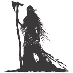 Silhouette native american woman holding stone ax black color only full body