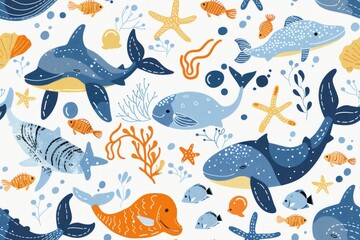 A playful and colorful illustration featuring an array of sea creatures, from fish to whales, with coral and starfish in a whimsical underwater scene.
