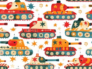 A playful pattern showcasing colorful, cartoon-style tanks on a white background.