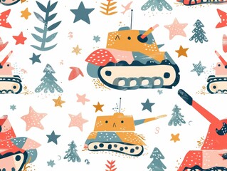 A playful pattern showcasing colorful, cartoon-style tanks on a white background.