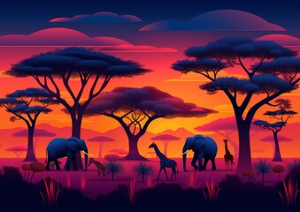 Silhouettes of Elephants and Acacia Trees at Twilight
