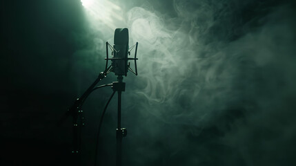 Microphone Studio for Recording, Streaming, Gaming  on an empty smoky dark stage illuminated by spotlights.
