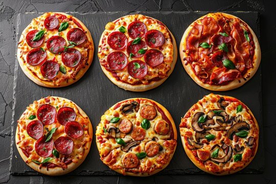 A collection of six delectable, freshly made pizzas. Generative Ai.