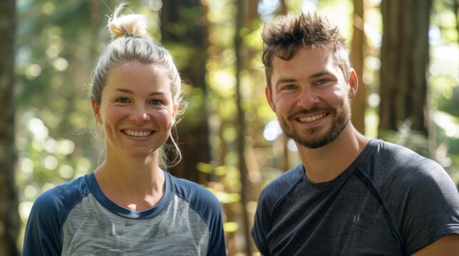 Smiling romantic couple looking camera. Happy Attractive friends go hiking. Beautiful Lovely pair walk in forest. Hikers enjoy fun trip at nature park. Two tourists date. Active tourism concept.