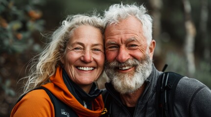 Smiling romantic couple looking camera. Happy Attractive friends go hiking. Beautiful Lovely pair walk in forest. Cute Hikers enjoy fun trip at nature park. Two tourists date. Active tourism concept.