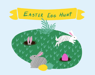 Easter egg hunt poster for children, hand drawn with cute bunnies, eggs and decorations - great for party invitations, banners, wallpapers, poster, card. rabbits in the clearing, in holes, Easter eggs