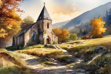 painting of an old abandoned church
 - obrazy, fototapety, plakaty